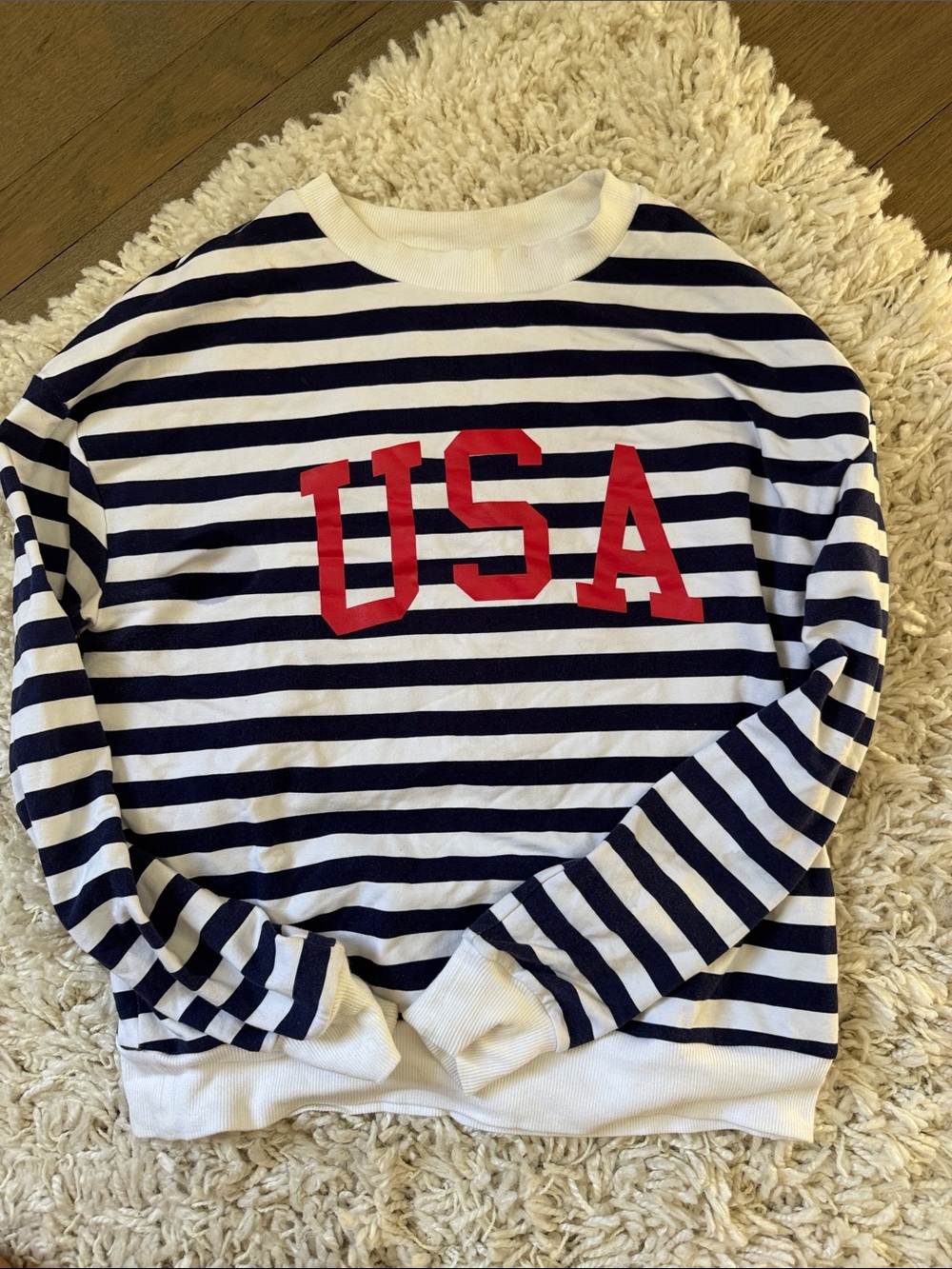 Beach Riot Navy & White Striped Crewneck Sweater with Red "USA"